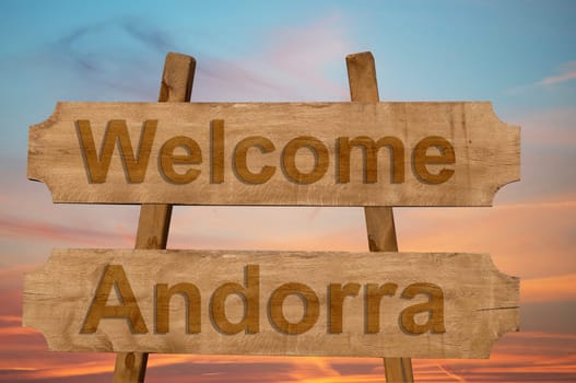 welcome to andorra sing on wood background