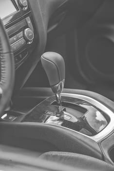 close up on automatic gearbox shifter,black and white