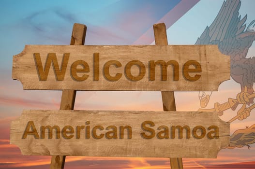 welcome to american samoa sing on wood background with blending national flag