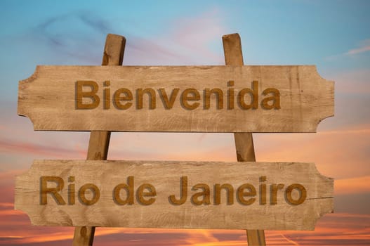 bienvenida (welcome to in spanish) rio de janeiro in brazil sign on wood background
