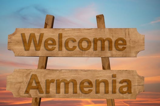 welcome to armenia sing on wood background