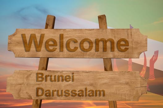 welcome to brunei darussalam sing on wood background with blending national flag