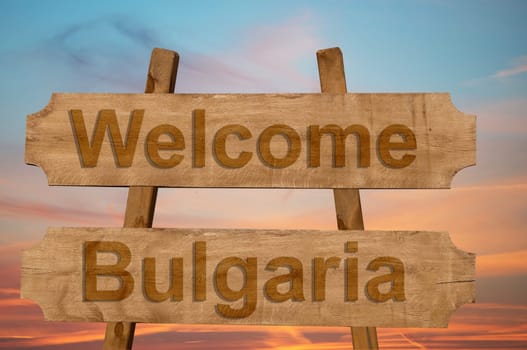 welcome to bulgaria sing on wood background