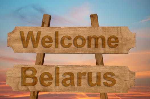 welcome to belarus sing on wood background