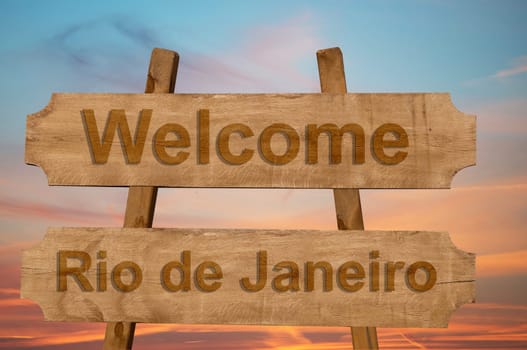 welcome to rio de janeiro in brazil sign on wood background