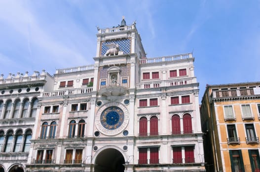 St Mark's old clocktower to be seen by ships in the harbour of Venice, Italy. The dial shows the precise time, phase of the moon, and dominant sign of the zodiac