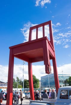Geneva, Switzerland - June 17, 2016: The gigantic Broken Chair, symbol of the fight against landmines