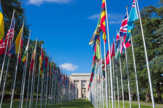 Geneva, Switzerland - June 17, 2016: Gallery of national flags at UN entrance in Geneva, Switzerland