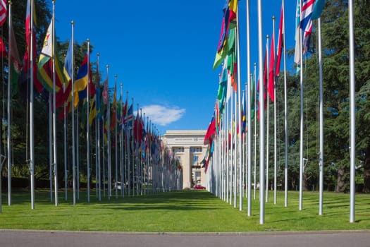 Geneva, Switzerland - June 17, 2016: Gallery of national flags at UN entrance in Geneva, Switzerland