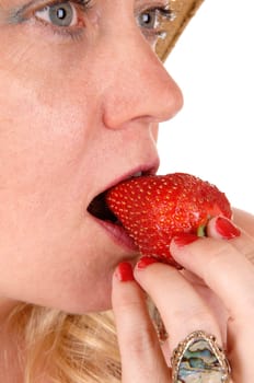 A closeup image of a nice woman eating a big strawberry with blue eye's.isolated for white background..