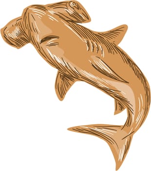 Drawing sketch style illustration of a hammerhead shark set on isolated white background.