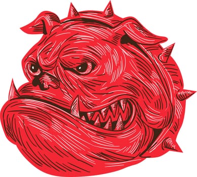 Drawing sketch style illustration of a head of an angry bulldog showing sharp teeth viewed from the side set on isolated white background.