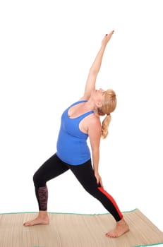 A lovely blond woman is yoga outfit showing some poses for yoga.exercises, isolated for white background..