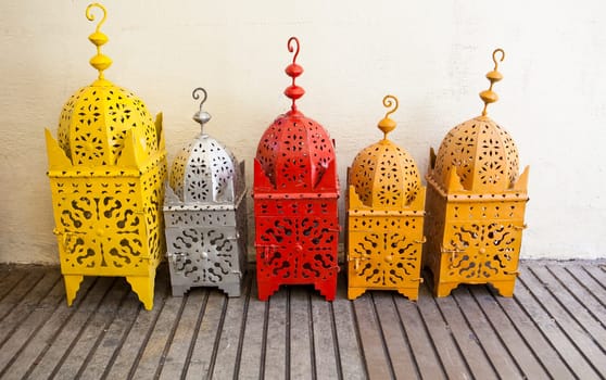 Colored brass lanterns at street market, Granada, Spain
