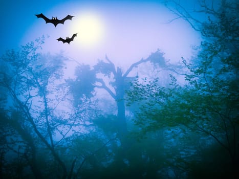 Mysterious blue forest in fog in halloween stile