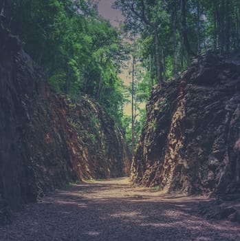 Hellfire Pass in Kanchanaburi, Thailand - built during World War II. Vintage filtered effect image.
