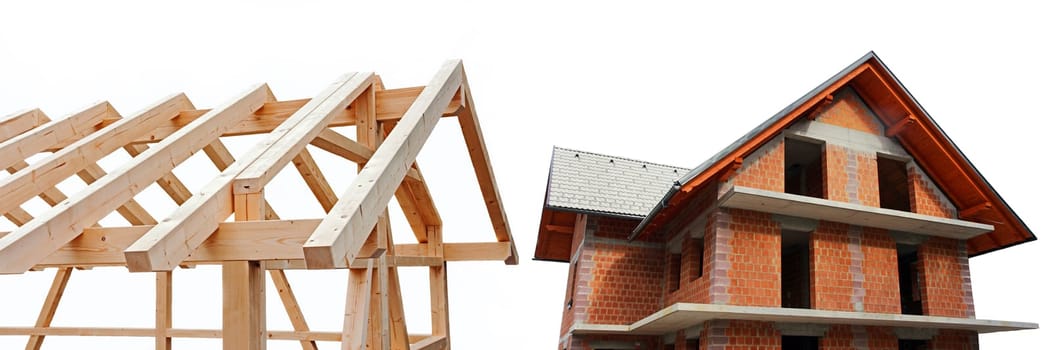 A shell made of wood and one made of brick. Newly built house made of wood and stone