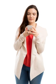 Stressed woman talking on the phone, isolated over white background