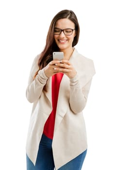 Stressed woman talking on the phone, isolated over white background