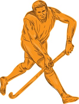 Drawing sketch style illustration of a field hockey player running with stick striking viewed from front set on isolated white background.