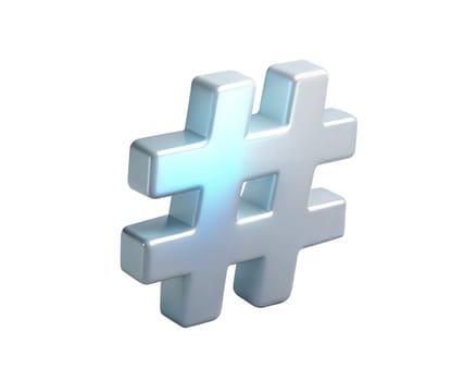 A sleek, modern 3D holographic icon of a hashtag symbol with a soft, shiny finish, isolated on white background. This minimalist design is perfect for social media, communication, and digital trends.