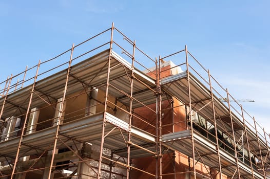 Construction scaffolding of a building under renovation.