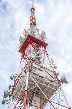Telecommunication mast TV antennas wireless technology with blue sky in the morning