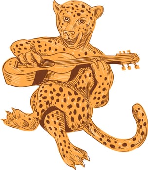 Drawing sketch style illustration of a jaguar sitting playing guitar viewed from front set on isolated white background.