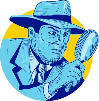 Drawing sketch style illustration of a detective policeman police officer holding magnifying glass set inside circle on isolated background.