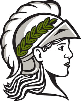 Illustration of Minerva or Menrva, the Roman goddess of wisdom and sponsor of arts, trade, and strategy wearing helment and laurel crown head viewed from side set on isolated white background.