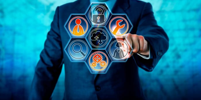 Enterprise client is activating three managed services icons on a virtual control interface with hexagonal buttons. Business and information technology concept for outside IT management. Copy space.