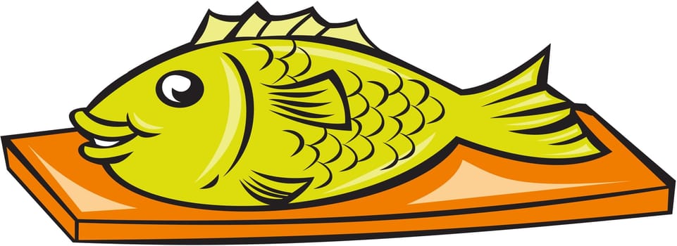 Illustration of a fish on a chopping board set on isolated white background done in cartoon style.