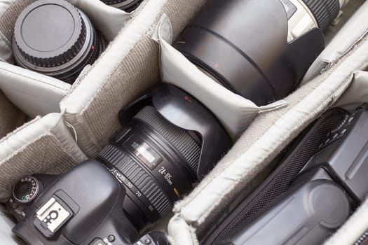 AREQUIPA, PERU - AUGUST 20, 2016: Detail of Professional Photography Equipment in Protective Backpack