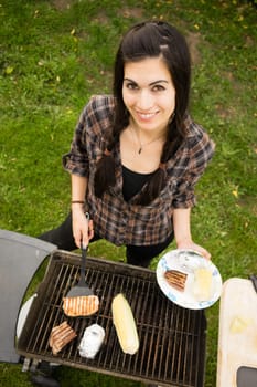 Pretty Woman Smiling Cooking Steaks Barbecue Backyard Food Grill