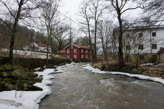 Kungsbacka river with  cold water one grey day in early spring