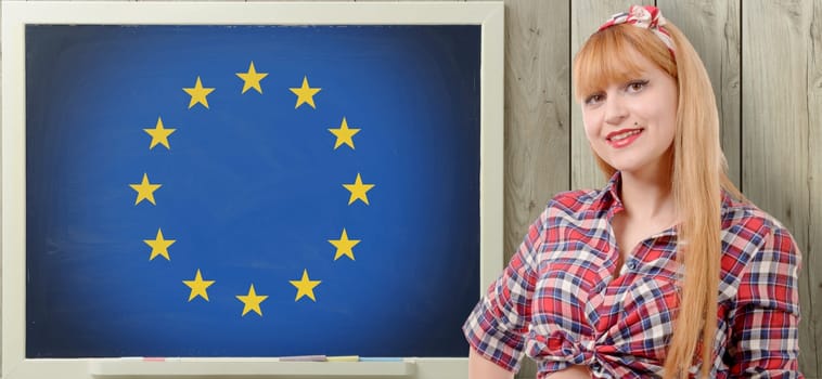 a pretty young woman and a European flag