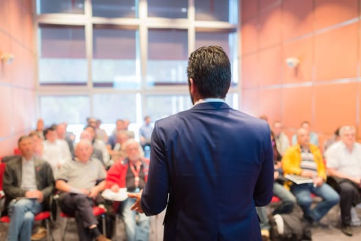 Speaker at Business Conference with Public Presentations. Audience at the conference hall. Entrepreneurship club. Rear view. Horisontal composition. Background blur.