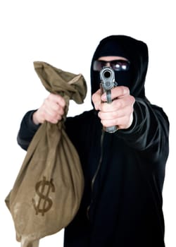 hooded robber with a gun and a bag of money