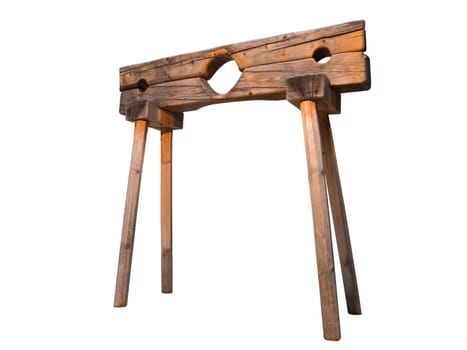 on white exposed photo of a wooden pillory in deep camera position