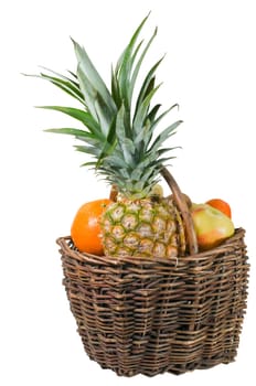 Pineapple,orange,bananas and apples in a basket insulated on a white background