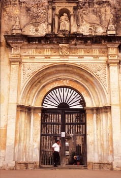 the old ruin of a church in the old town in the city of Antigua in Guatemala in central America.