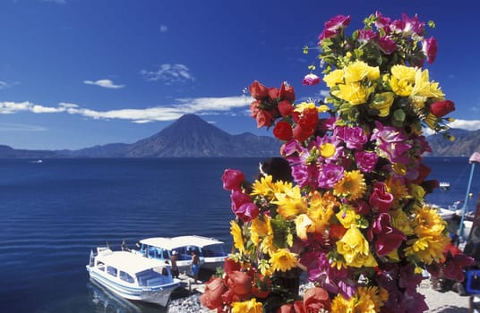 The Lake Atitlan with the Volcanos of Toliman and San Pedro in the back at the Town of Panajachel in Guatemala in Central America.