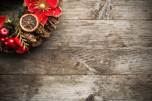 Advent Christmas wreath on wooden background close up