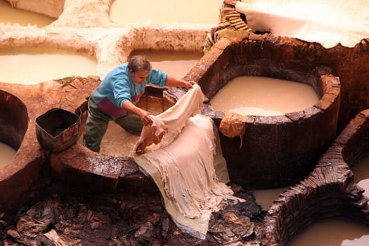 The Leather production in the old City in the historical Town of Fes in Morocco in north Africa.