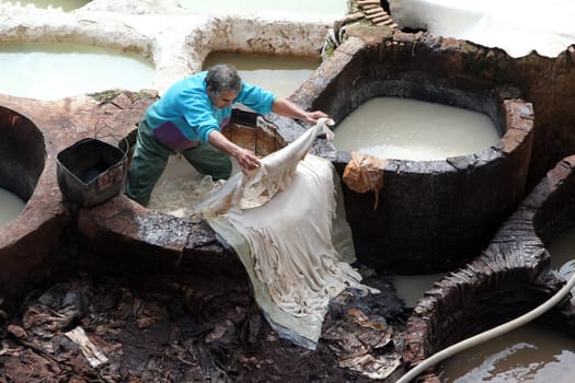 The Leather production in the old City in the historical Town of Fes in Morocco in north Africa.