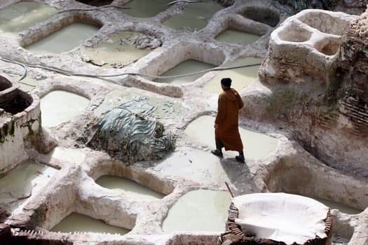 The Leather production in the old City in the historical Town of Fes in Morocco in north Africa.