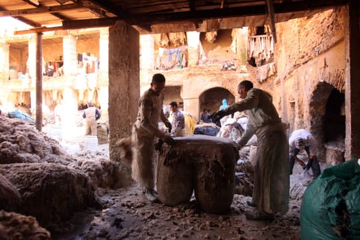 The Leather production in the old City in the historical Town of Fes in Morocco in north Africa.