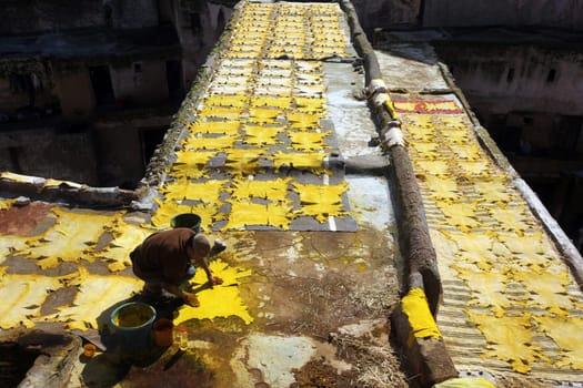 The Leather production in the old City in the historical Town of Fes in Morocco in north Africa.