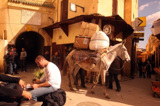 a smal Marketroad in the Medina of old City in the historical town of Fes in Morocco in north Africa.