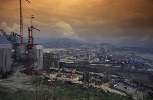 the constructions work at the three gorges dam project on the yangzi river in the province of hubei in china.